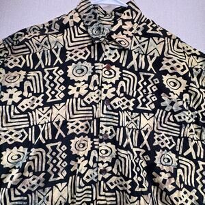 Hawaiian Shirt L Black Men's Bali Tribal Batik Island Design Mutiara Art